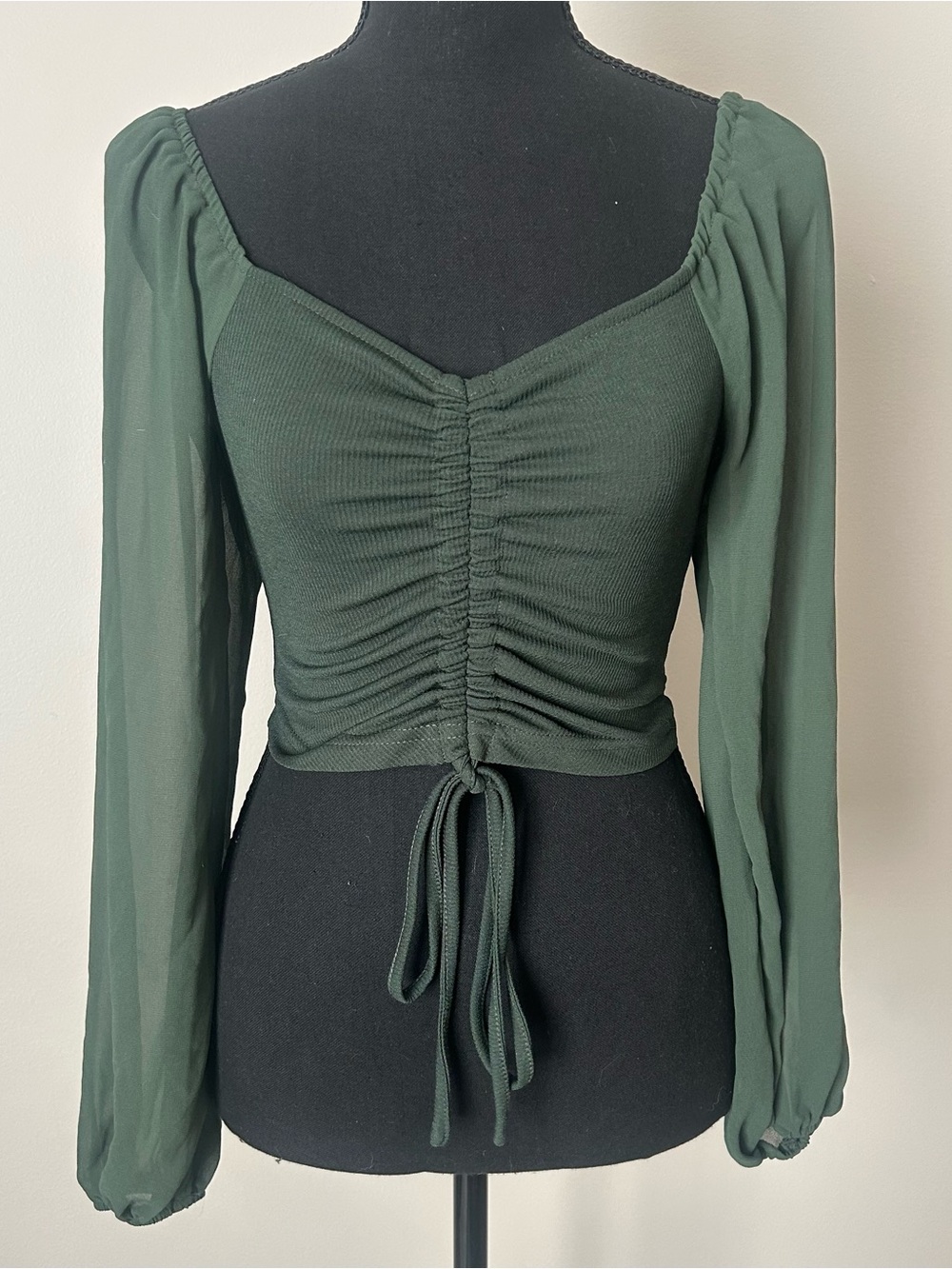 Dark Green Ruched Tie Front Long Sleeve Top Size Small